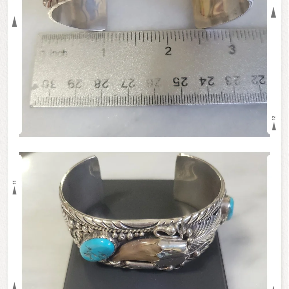 Sterling Silver,Natural Turquoise, Rare Bearclaw "TedJoe" Navajo Cuff Bracelet - Picture 9 of 12